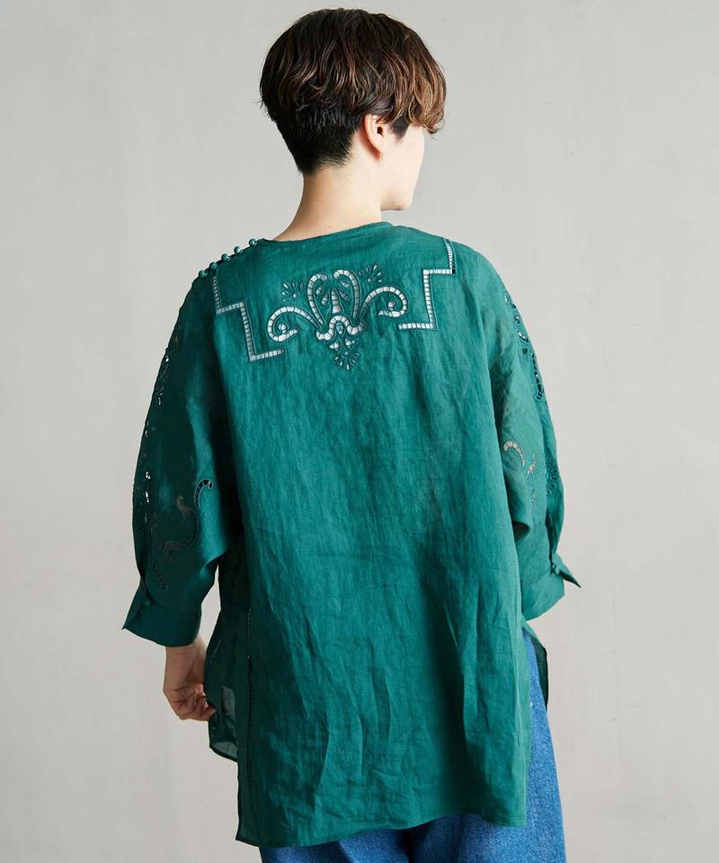 △○60/-ラミーカットワーク刺繍７分袖ブラウス（cardo fabrica）