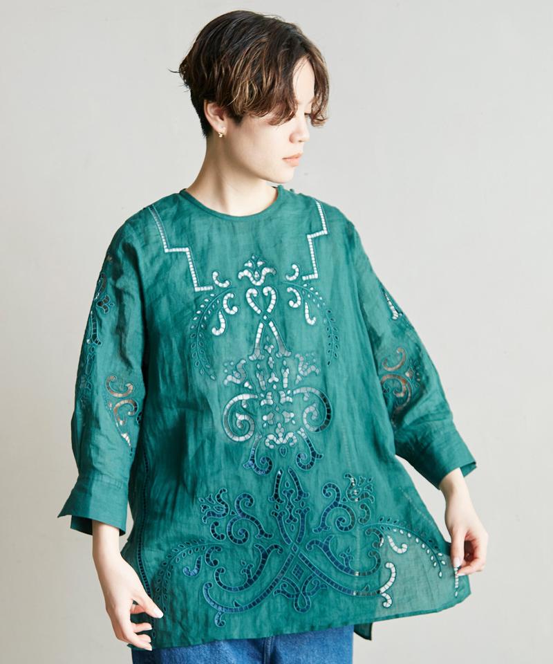 △○60/-ラミーカットワーク刺繍７分袖ブラウス（cardo fabrica）