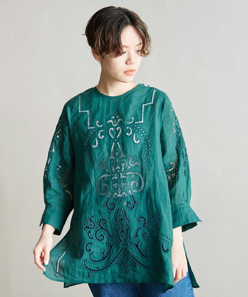 △○60/-ラミーカットワーク刺繍７分袖ブラウス（cardo fabrica）