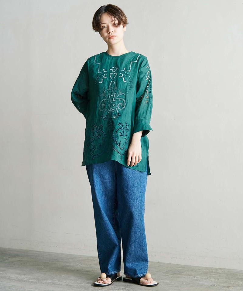△○60/-ラミーカットワーク刺繍７分袖ブラウス（cardo fabrica）
