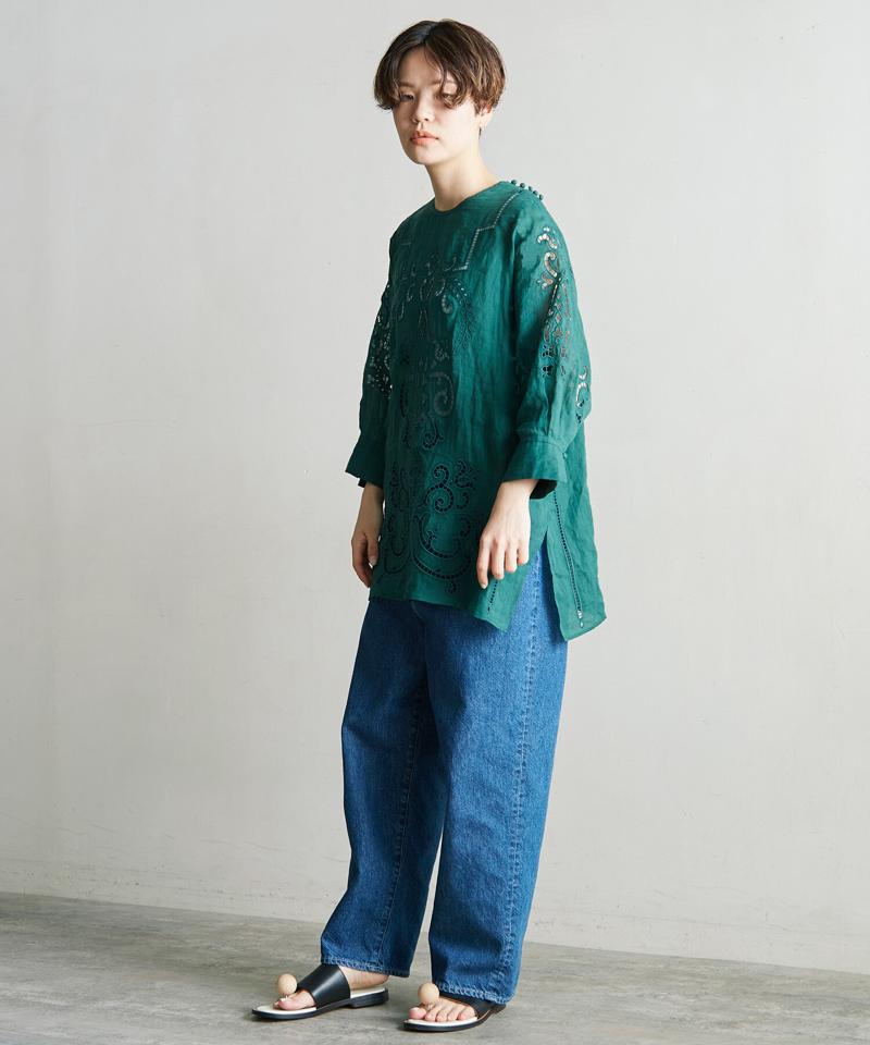 △○60/-ラミーカットワーク刺繍７分袖ブラウス（cardo fabrica）