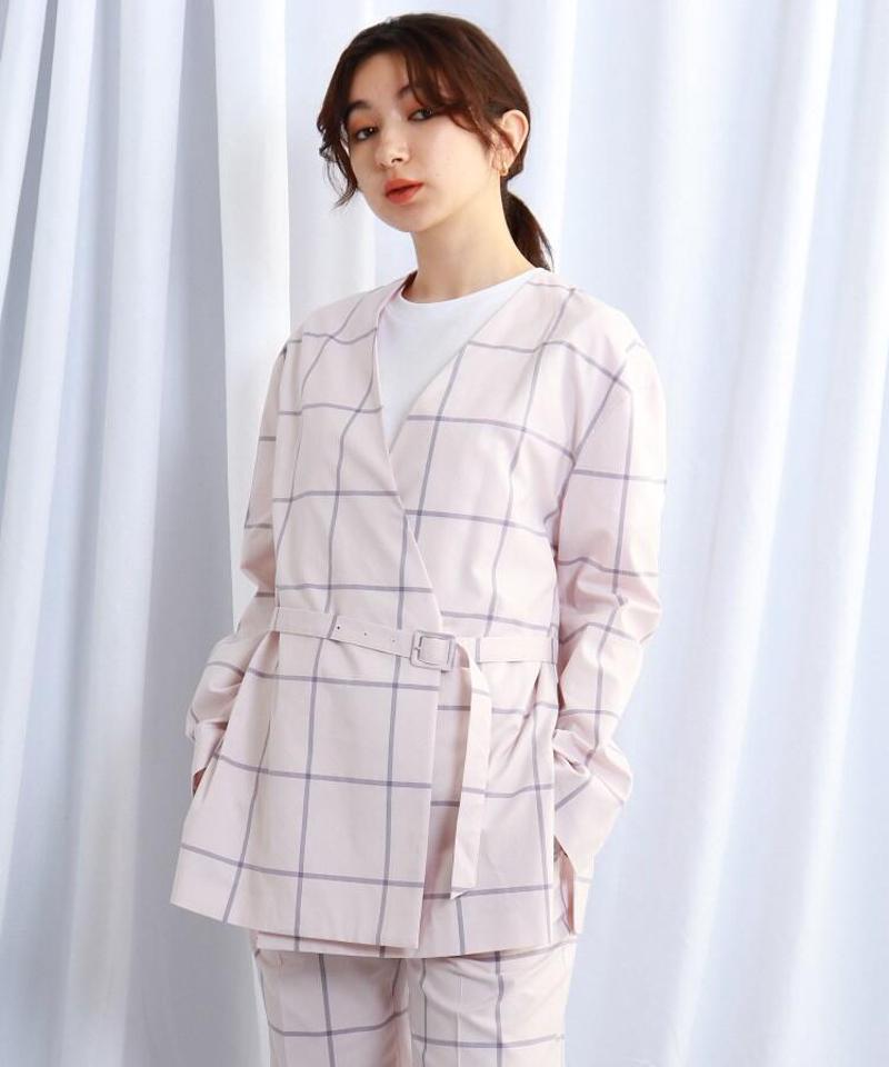 チェック柄シルク混ウエストベルト付きノーカラージャケット