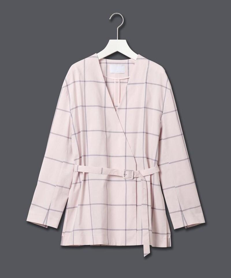チェック柄シルク混ウエストベルト付きノーカラージャケット