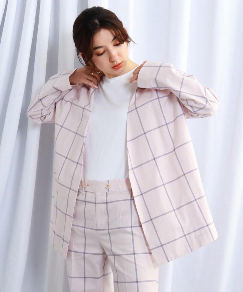 チェック柄シルク混ウエストベルト付きノーカラージャケット