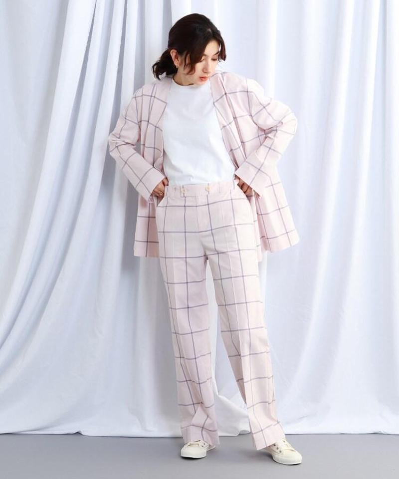 チェック柄シルク混ウエストベルト付きノーカラージャケット