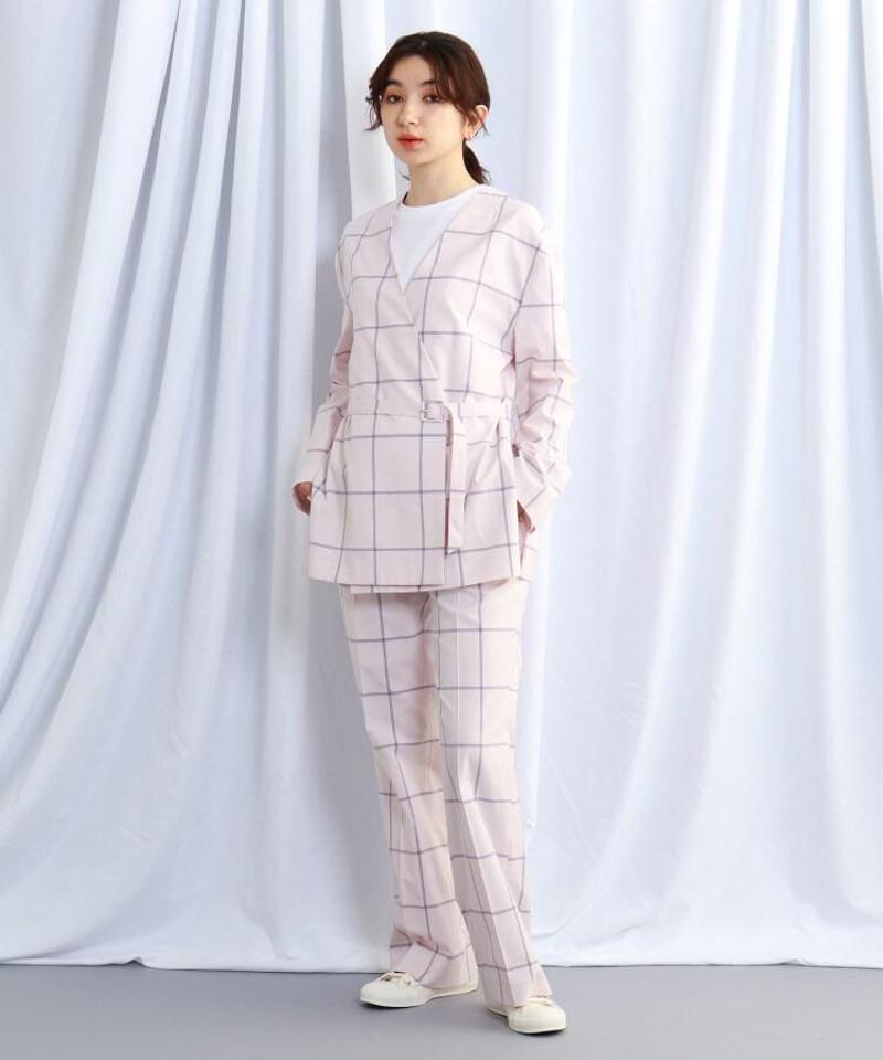 チェック柄シルク混ウエストベルト付きノーカラージャケット
