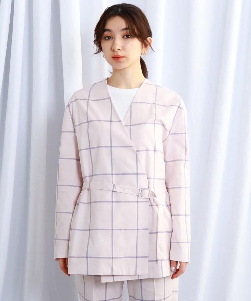 チェック柄シルク混ウエストベルト付きノーカラージャケット