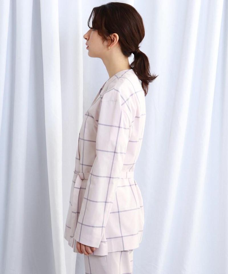 チェック柄シルク混ウエストベルト付きノーカラージャケット