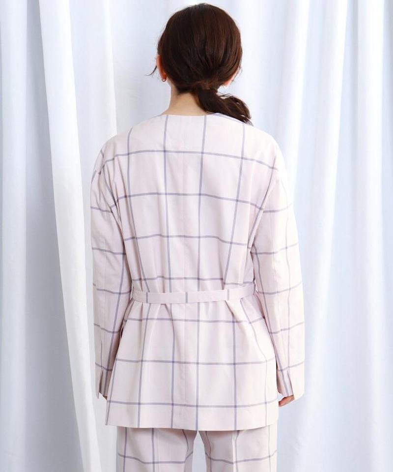 チェック柄シルク混ウエストベルト付きノーカラージャケット