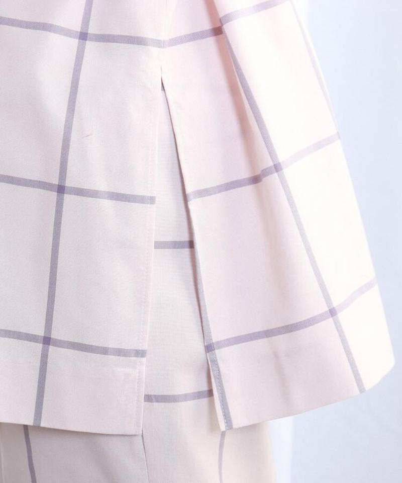 チェック柄シルク混ウエストベルト付きノーカラージャケット