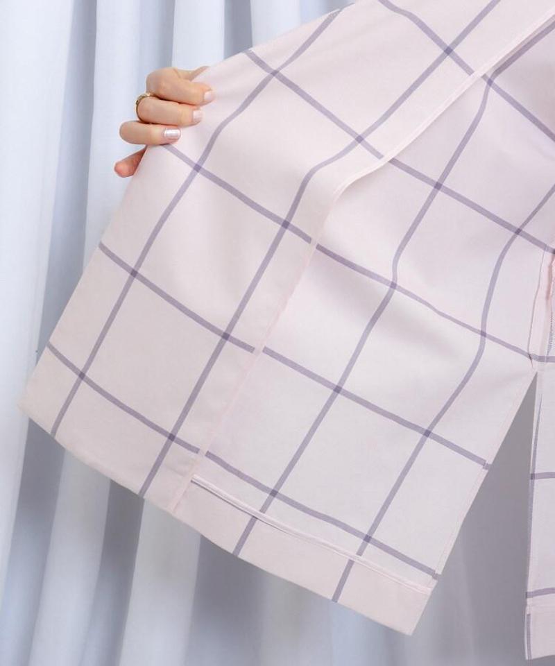 チェック柄シルク混ウエストベルト付きノーカラージャケット