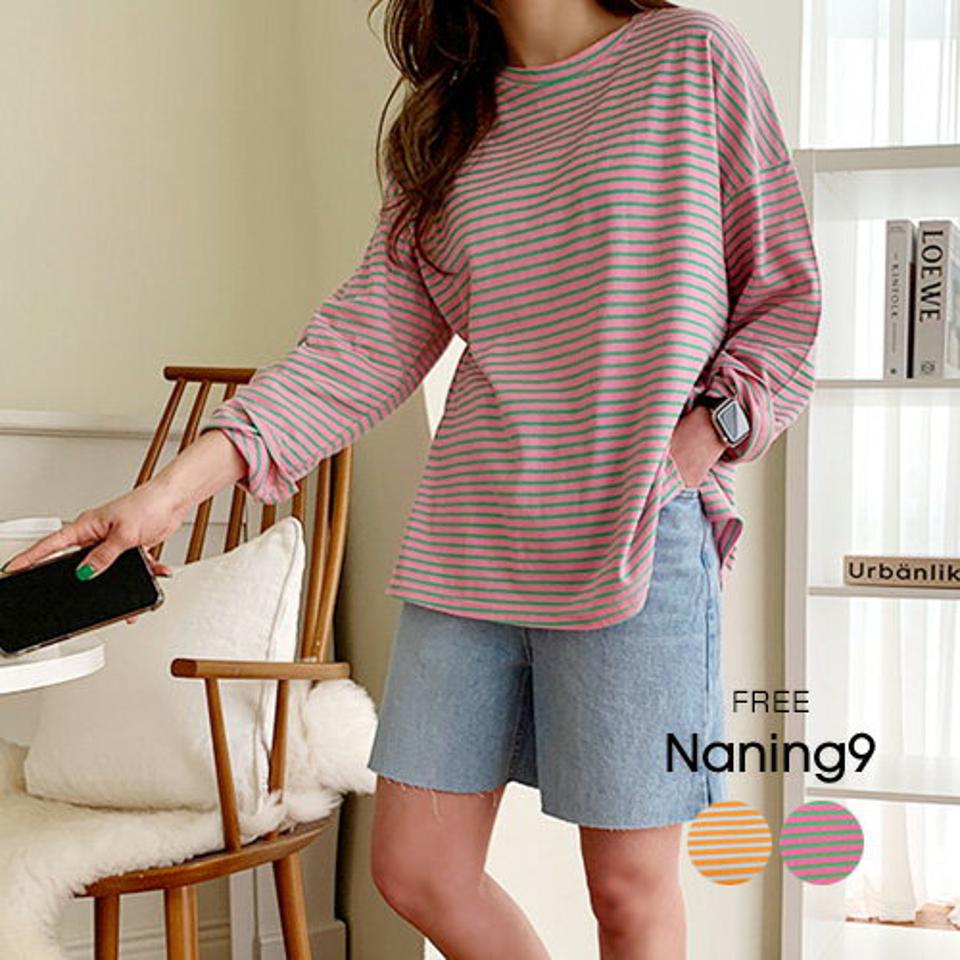 NANING9(ナンニング)ルーズカラフルストライプロンT【3/22up_go】韓国 韓国ファッション レディース 春 春服 人気 夏 大人 きれいめ トップス Tシャツ 夏 定番 カットソー【5】