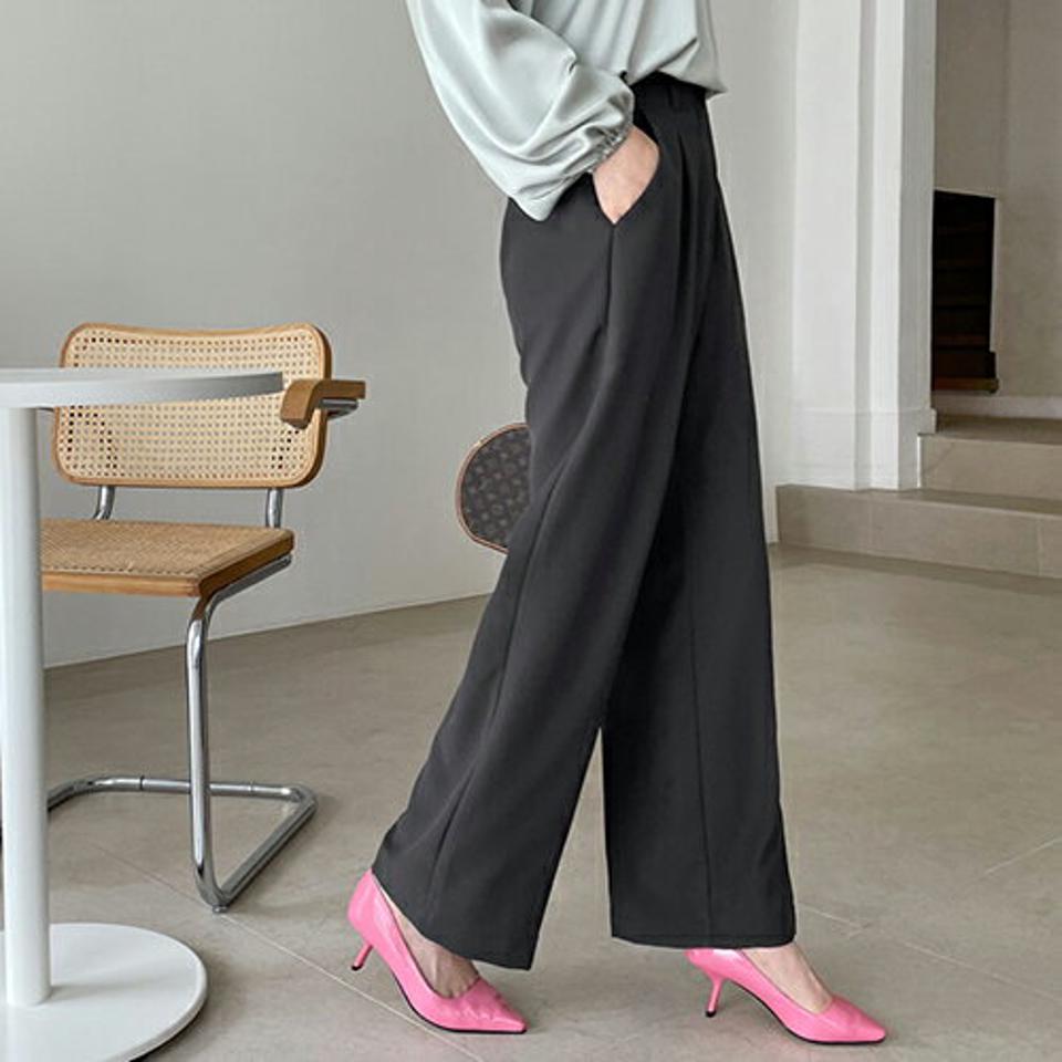 バックゴムワイドスラックス・全2色・t67511 レディース 【pt】【スラックス パンツ ズボン ロングパンツ ワイドスラックス ワイド 単色 無地 シンプル ベーシック 大人 オフィスカジュアル 春 秋 韓国 ファッション】【ハイホリHIHOLLI】