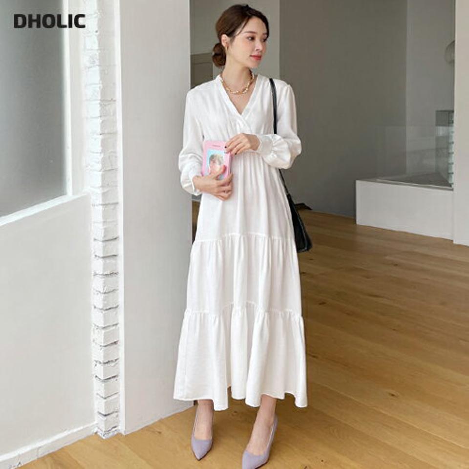 Vネックティアードワンピース・全4色・t67517 レディース 【ops】【ワンピース ロング ロングワンピース ティアード 長袖 Vネック 単色 無地 シンプル フェミニン 可愛い かわいい 春 秋 韓国 ファッション】【ハイホリHIHOLLI】