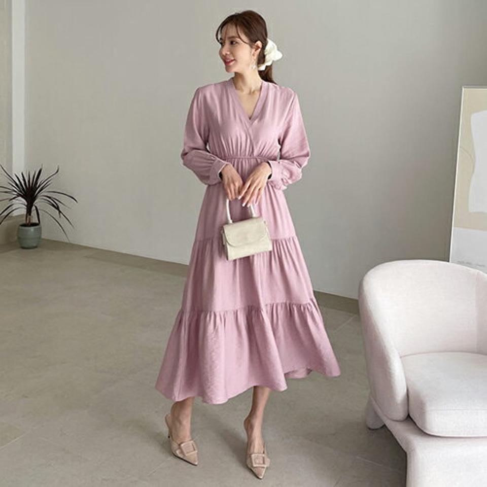 Vネックティアードワンピース・全4色・t67517 レディース 【ops】【ワンピース ロング ロングワンピース ティアード 長袖 Vネック 単色 無地 シンプル フェミニン 可愛い かわいい 春 秋 韓国 ファッション】【ハイホリHIHOLLI】