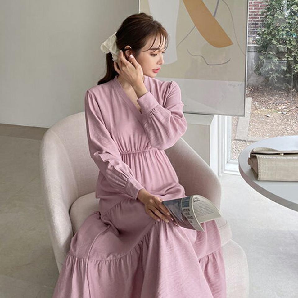 Vネックティアードワンピース・全4色・t67517 レディース 【ops】【ワンピース ロング ロングワンピース ティアード 長袖 Vネック 単色 無地 シンプル フェミニン 可愛い かわいい 春 秋 韓国 ファッション】【ハイホリHIHOLLI】