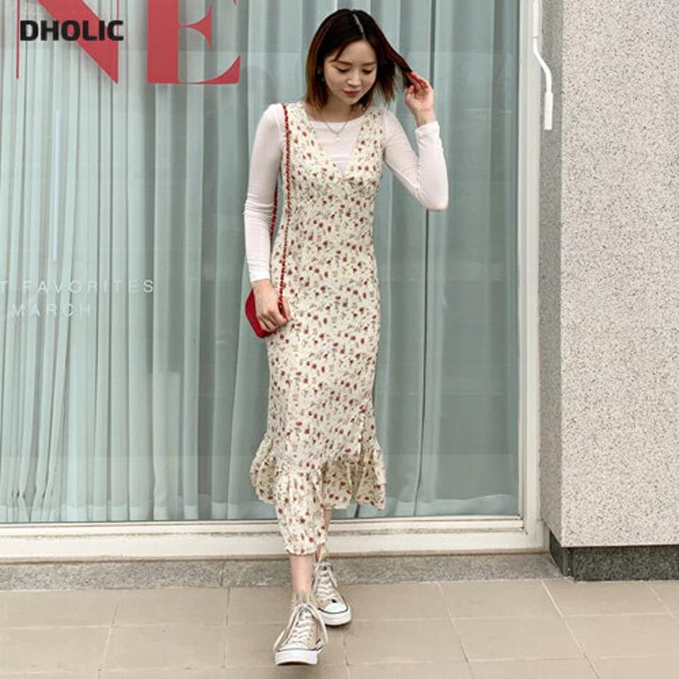 花柄ノースリワンピース・全2色・b61777 レディース 【ops】【韓国 ファッション ワンピース ロング ロングワンピス 花柄 フラワー ノースリワンピース 小花柄 Vネック スリーブレス キャミソール キャミワンピース 細身 スリム カジュアル 体型カバー 秋 春】