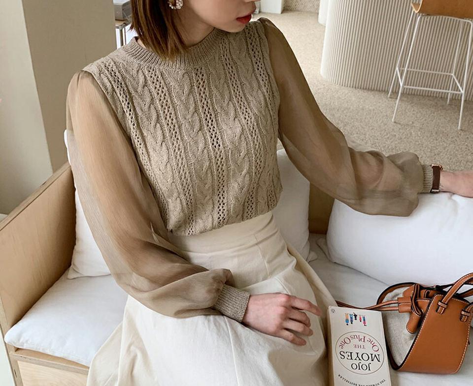 シフォンスリーブツイストニット・全3色・b61766 レディース 【tops】【韓国 ファッション トップス ニット 長袖 ラウンドネック クロップド丈 シフォン スリーブ ツイストニット ツイスト編み シースルー シフォンスリーブ 異素材 大人 体型カーバー 秋 春】