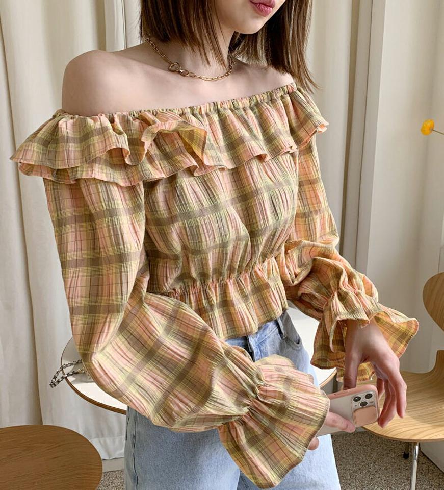 2WAYフリルチェックブラウス・全3色・t61772 レディース 【bl】【韓国 ファッション トップス ブラウス 長袖 上品 体型カバー 2WAY フリル チェック ラウンドネック オフショルダー ゴム クロップド丈 フェミニン カジュアル デイリー 秋 春】