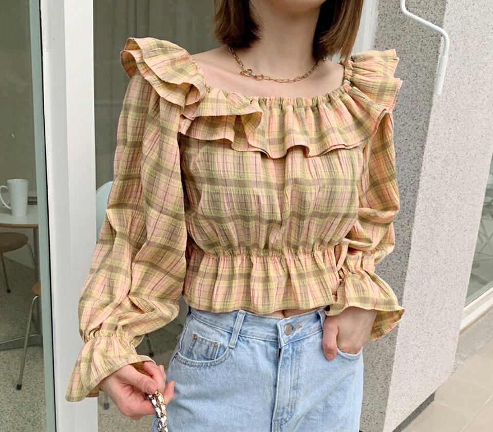 2WAYフリルチェックブラウス・全3色・t61772 レディース 【bl】【韓国 ファッション トップス ブラウス 長袖 上品 体型カバー 2WAY フリル チェック ラウンドネック オフショルダー ゴム クロップド丈 フェミニン カジュアル デイリー 秋 春】