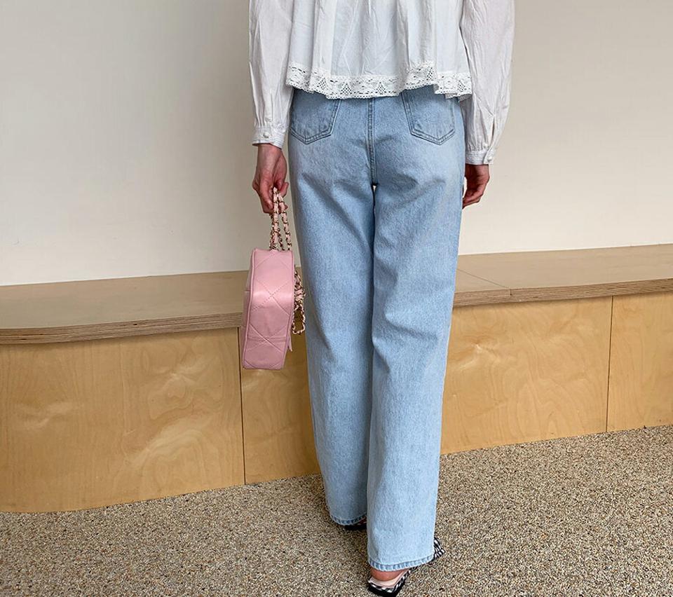 ライトブルーワイドデニムパンツ・全1色・t61786 レディース 【pt】【韓国 ファッション ボトムス パンツ デニム ロング ロングパンツ デニムパンツ ストレート ワイド 美脚 10分丈 十分丈 カジュアル デイリー 秋 春】