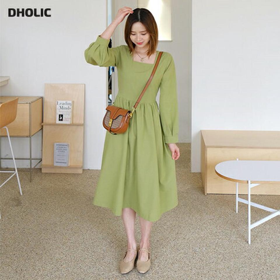 フレアスクエアネックワンピース・全3色・t61775 レディース 【ops】【韓国 ファッション ワンピース ロング ロングワンピス 長袖 フレアワンピース デコルテ スクエアネック ウエストリボン ギャザー リボン フェミニン カジュアル 体型カバー 秋 春】