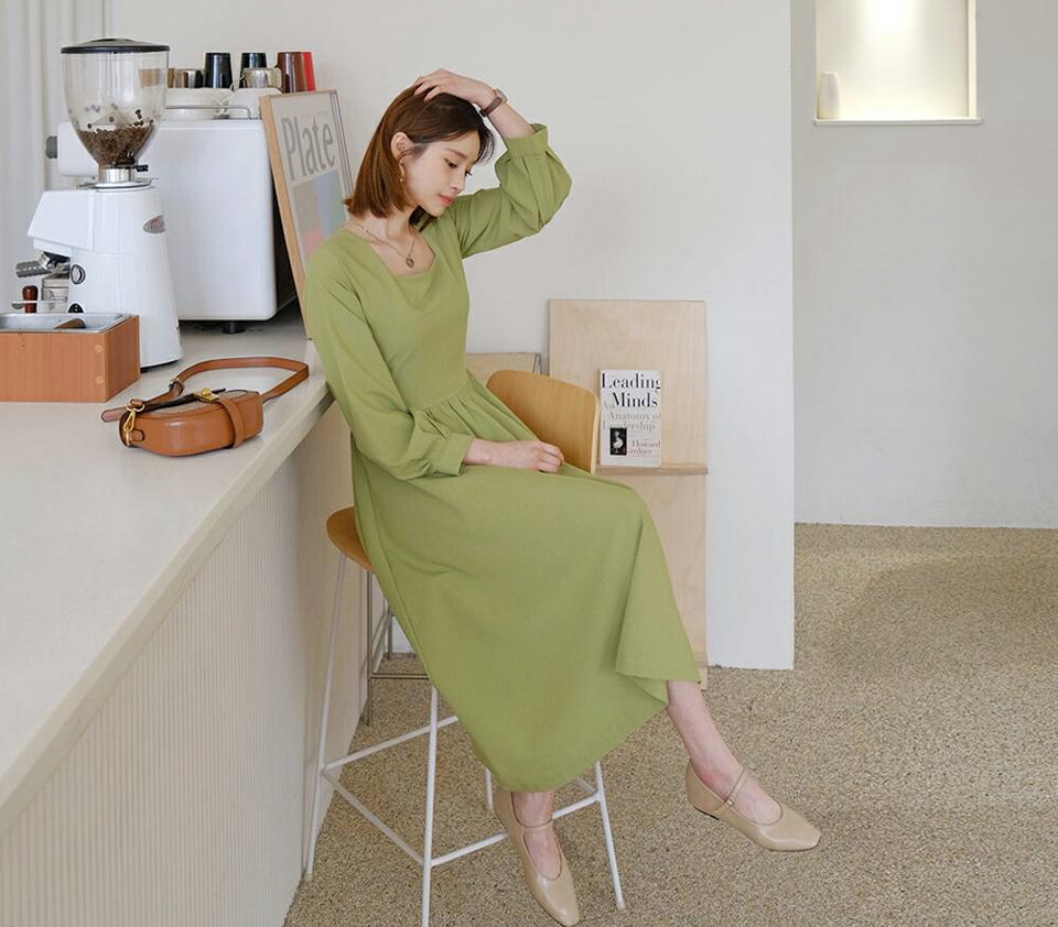 フレアスクエアネックワンピース・全3色・t61775 レディース 【ops】【韓国 ファッション ワンピース ロング ロングワンピス 長袖 フレアワンピース デコルテ スクエアネック ウエストリボン ギャザー リボン フェミニン カジュアル 体型カバー 秋 春】