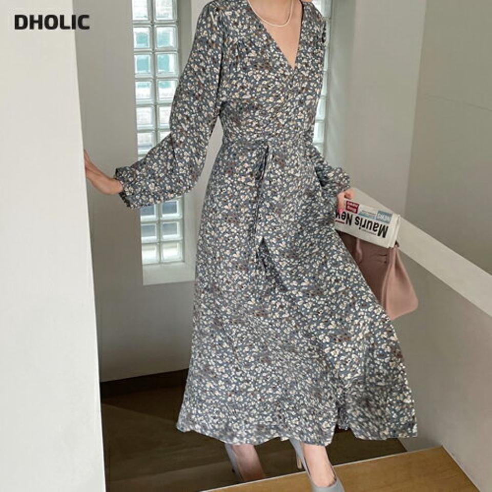 花柄ラップ調ワンピース・全3色・t67518 レディース 【ops】【ワンピース ロング ロングワンピース ラップデザイン 花柄 フラワー 長袖 可愛い かわいい Vネック フェミニン 春 秋 韓国 ファッション】【ハイホリHIHOLLI】