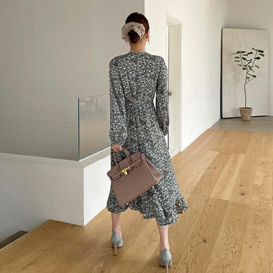 花柄ラップ調ワンピース・全3色・t67518 レディース 【ops】【ワンピース ロング ロングワンピース ラップデザイン 花柄 フラワー 長袖 可愛い かわいい Vネック フェミニン 春 秋 韓国 ファッション】【ハイホリHIHOLLI】