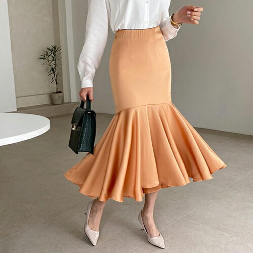 サテンマーメイドスカート・全2色・t67508 レディース 【sk】【スカート ロング ロングスカート マーメイド マーメイドスカート サテン 単色 無地 シンプル フェミニン ボリューム 可愛い かわいい アンバランス 春 秋 韓国 ファッション】【ハイホリHIHOLLI】