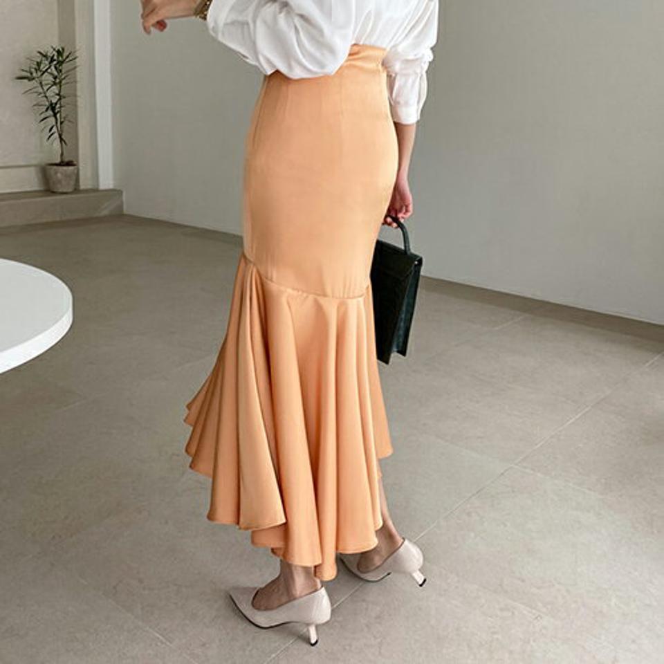 サテンマーメイドスカート・全2色・t67508 レディース 【sk】【スカート ロング ロングスカート マーメイド マーメイドスカート サテン 単色 無地 シンプル フェミニン ボリューム 可愛い かわいい アンバランス 春 秋 韓国 ファッション】【ハイホリHIHOLLI】
