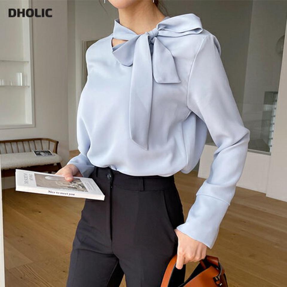 ワイドカフスリボンブラウス・全3色・b67491 レディース 【bl】【トップス ブラウス 長袖 リボン りぼん ワイドカフス 単色 無地 襟コンシャス 可愛い かわいい ユニーク 個性的 フェミニン 春 秋 韓国 ファッション】【ハイホリHIHOLLI】