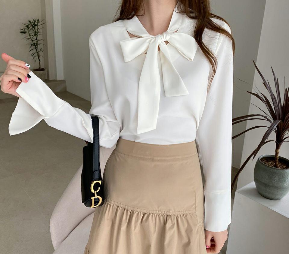 ワイドカフスリボンブラウス・全3色・b67491 レディース 【bl】【トップス ブラウス 長袖 リボン りぼん ワイドカフス 単色 無地 襟コンシャス 可愛い かわいい ユニーク 個性的 フェミニン 春 秋 韓国 ファッション】【ハイホリHIHOLLI】