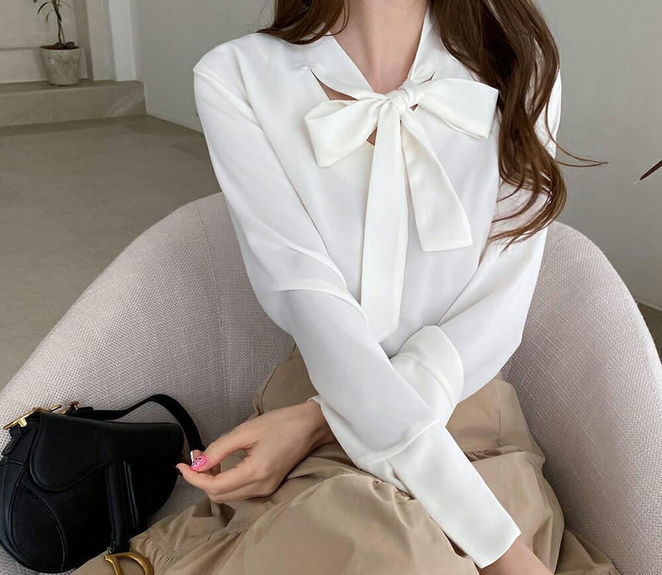 ワイドカフスリボンブラウス・全3色・b67491 レディース 【bl】【トップス ブラウス 長袖 リボン りぼん ワイドカフス 単色 無地 襟コンシャス 可愛い かわいい ユニーク 個性的 フェミニン 春 秋 韓国 ファッション】【ハイホリHIHOLLI】