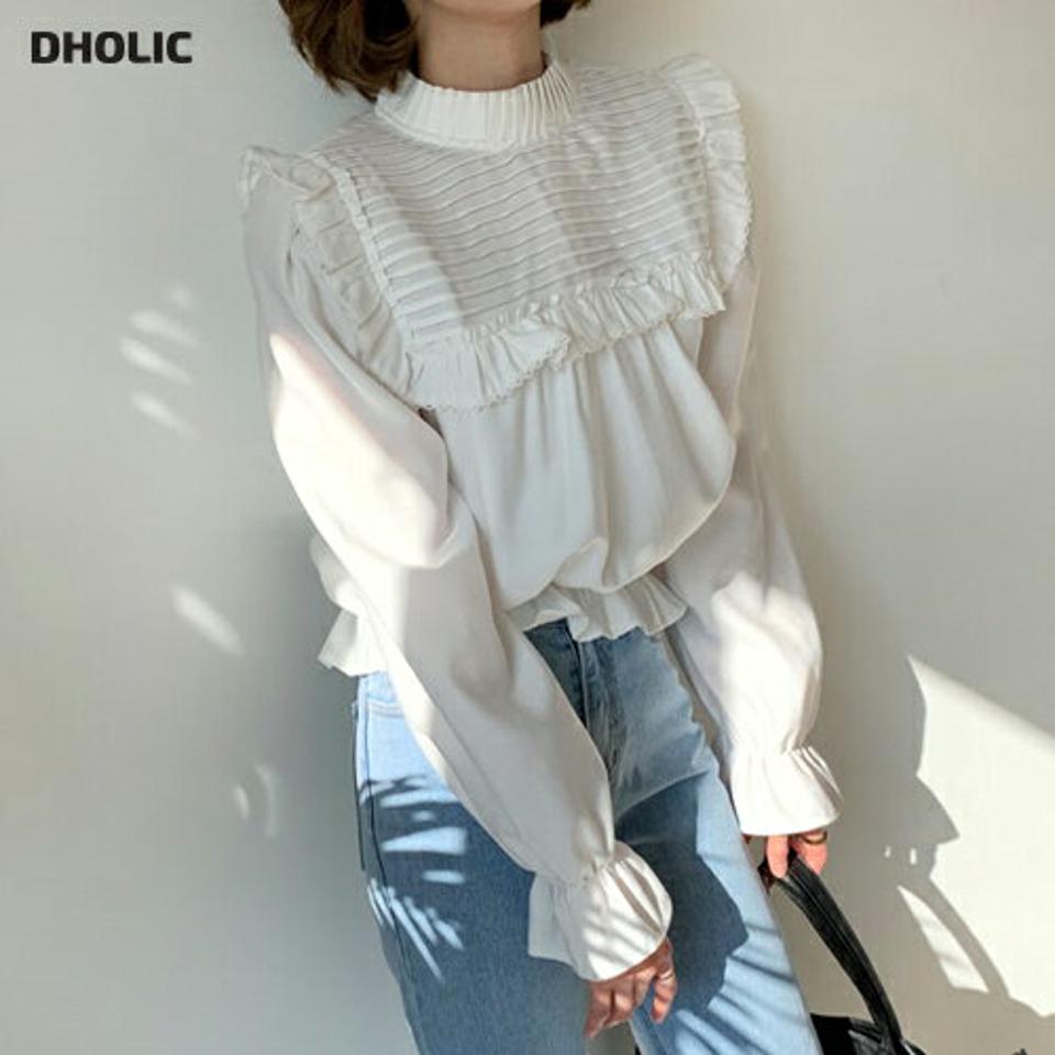 ピンタックパフブラウス・全2色・t64924 レディース 【bl】【韓国 ファッション トップス ブラウス 長袖 上品 ピンタック パフブラウス フリル ボリューム プリーツ ハーフネック クロップド丈 リボン フェミニン カジュアル デイリー 秋 春】