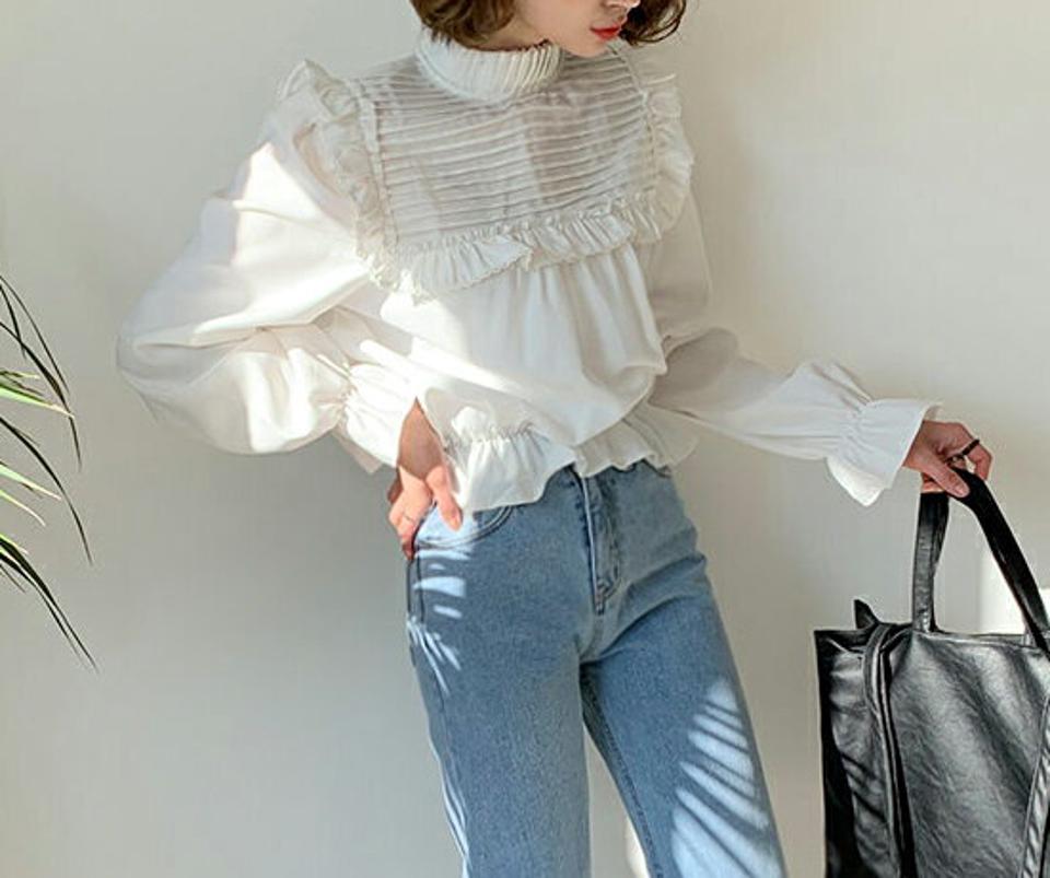 ピンタックパフブラウス・全2色・t64924 レディース 【bl】【韓国 ファッション トップス ブラウス 長袖 上品 ピンタック パフブラウス フリル ボリューム プリーツ ハーフネック クロップド丈 リボン フェミニン カジュアル デイリー 秋 春】