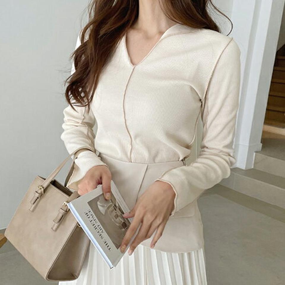 スリットステッチTシャツ・全3色・t67516 レディース 【tops】【トップス Tシャツ 長袖 ステッチ スリット 単色 無地 スリム フィット シンプル 大人 ワッフル 春 秋 韓国 ファッション】【ハイホリHIHOLLI】