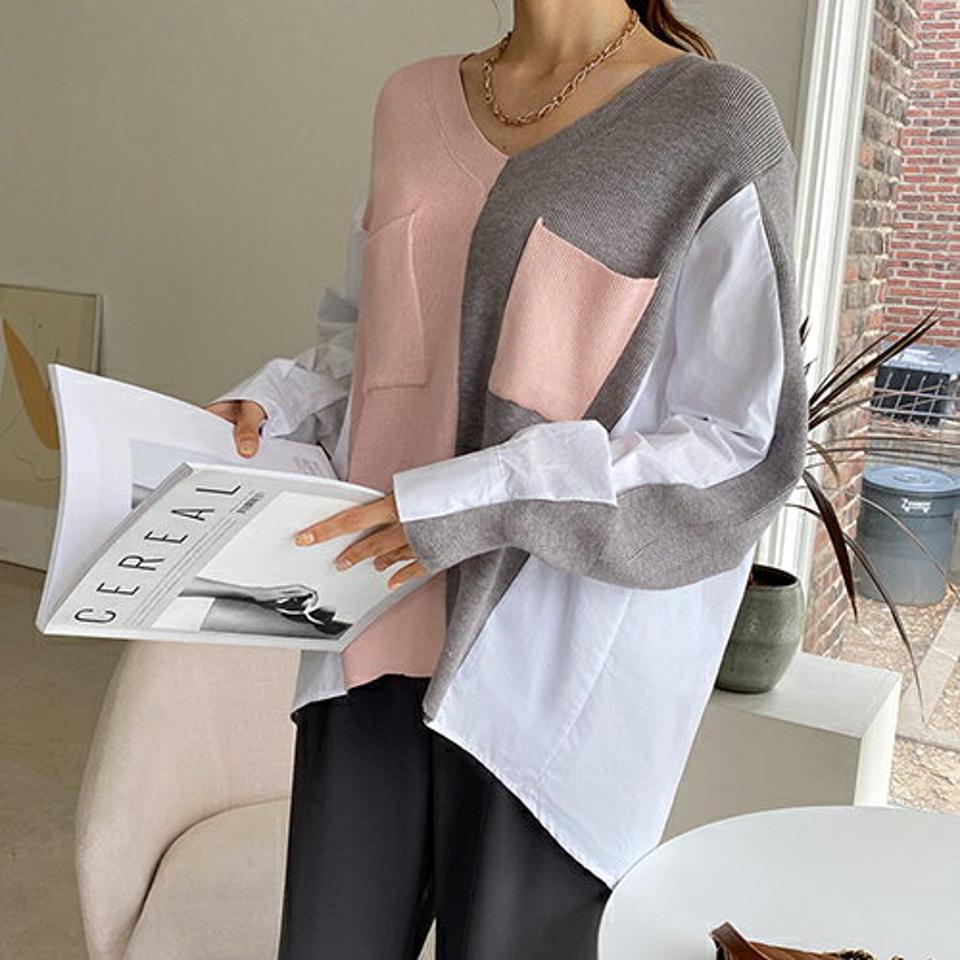 配色ポケットニット・全3色・b67500 レディース 【tops】【トップス ニット ニットトップス 長袖 アンバランス 配色 大人 カジュアル 異素材ミックス 異素材 ゆったり ルーズ ラフ 春 秋 韓国 ファッション】【ハイホリHIHOLLI】