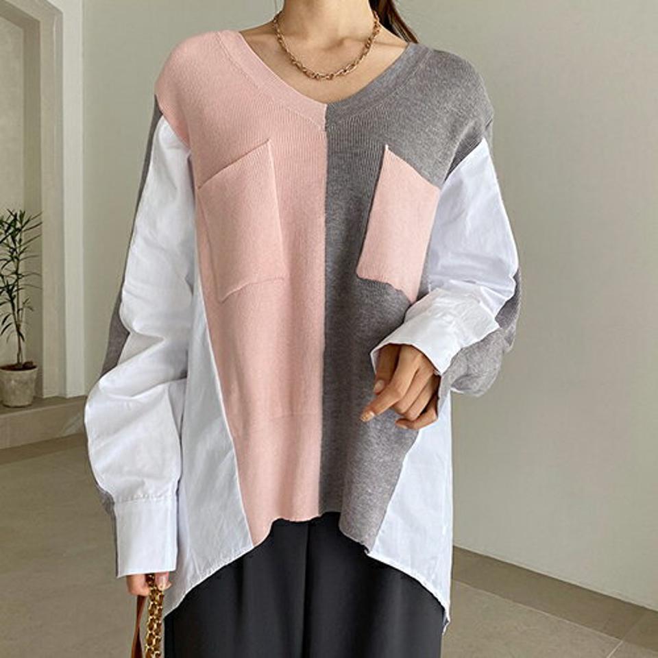 配色ポケットニット・全3色・b67500 レディース 【tops】【トップス ニット ニットトップス 長袖 アンバランス 配色 大人 カジュアル 異素材ミックス 異素材 ゆったり ルーズ ラフ 春 秋 韓国 ファッション】【ハイホリHIHOLLI】
