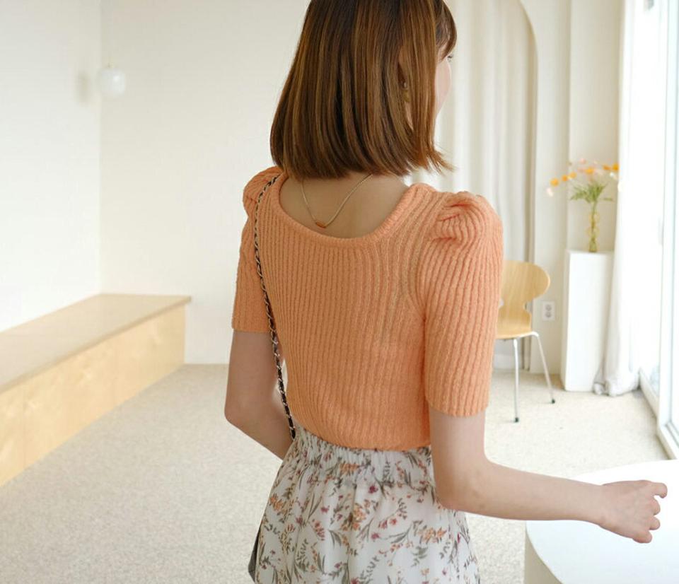 2WAYパフボタンカーディガン・b61768 レディース 【tops】 韓国ファッション トップス カーディガン 半袖 ラウンドネック 2WAY パフスリーブ パフニット やわらかい スリム フィット カジュアル 細身 大人 秋 春223