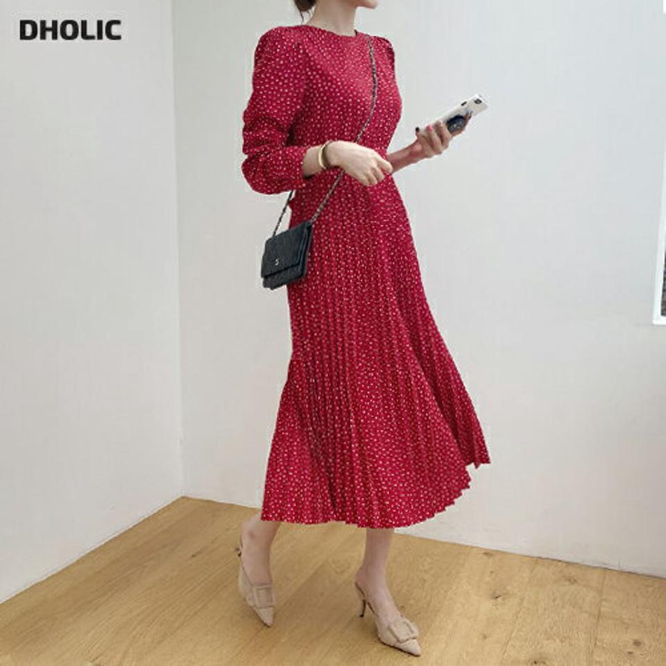 スクエアドットプリーツワンピース・全3色・b67502 レディース 【ops】【ワンピース ロング ロングワンピース 長袖 ドット柄 プリーツ プリーツワンピース レトロ フェミニン 春 秋 韓国 ファッション】【ハイホリHIHOLLI】