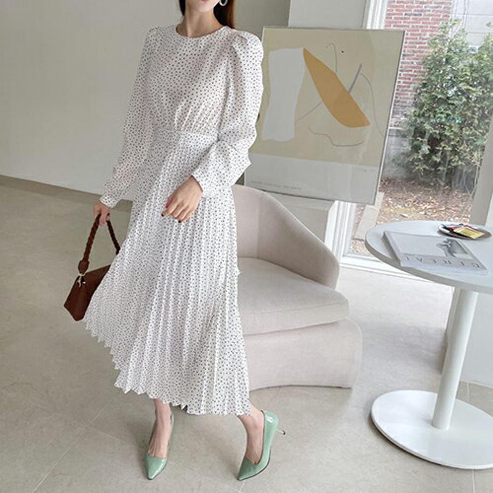 スクエアドットプリーツワンピース・全3色・b67502 レディース 【ops】【ワンピース ロング ロングワンピース 長袖 ドット柄 プリーツ プリーツワンピース レトロ フェミニン 春 秋 韓国 ファッション】【ハイホリHIHOLLI】