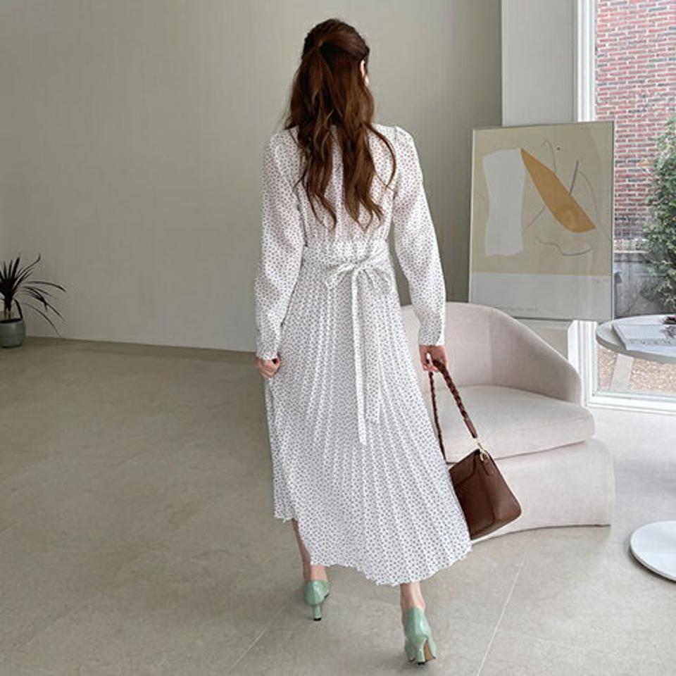 スクエアドットプリーツワンピース・全3色・b67502 レディース 【ops】【ワンピース ロング ロングワンピース 長袖 ドット柄 プリーツ プリーツワンピース レトロ フェミニン 春 秋 韓国 ファッション】【ハイホリHIHOLLI】