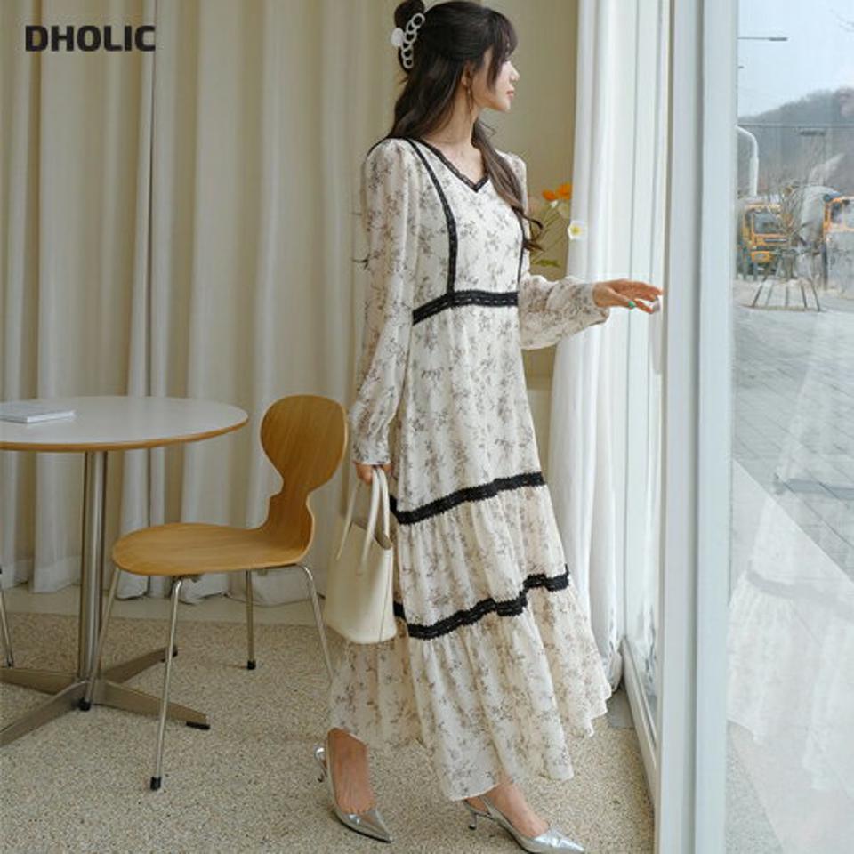 レースライン花柄ワンピース・全2色・b61778 レディース 【ops】【韓国 ファッション ワンピース ロング 長袖 フレアワンピース Vネック フローラル 花柄 フラワー シフォン レースライン デコルテ 細身 スリム カジュアル 体型カバー 秋 春】【fw】