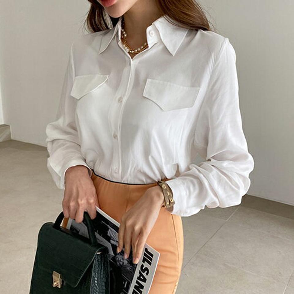 バックポイントフラップシャツ・全5色・t67496 レディース 【bl】【トップス シャツ 長袖 フラップ バックシャン 単色 無地 シンプル 大人 きれいめ カジュアル 春 秋 韓国 ファッション】【ハイホリHIHOLLI】