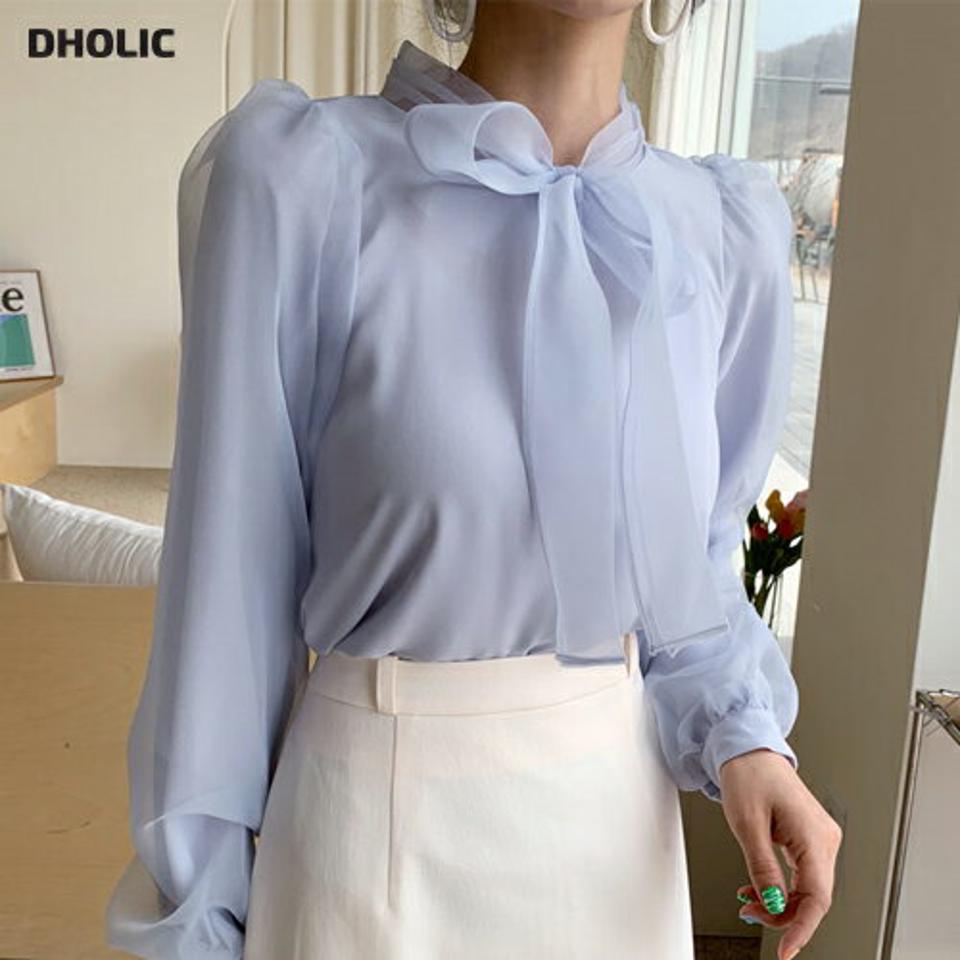 リボンシフォンブラウス・全3色・t61774 レディース 【bl】【韓国 ファッション トップス ブラウス 長袖 上品 体型カバー シフォン フェミニン ネックリボン 7分丈 ボリューム スリーブ ピンタック カジュアル デイリー 秋 春】