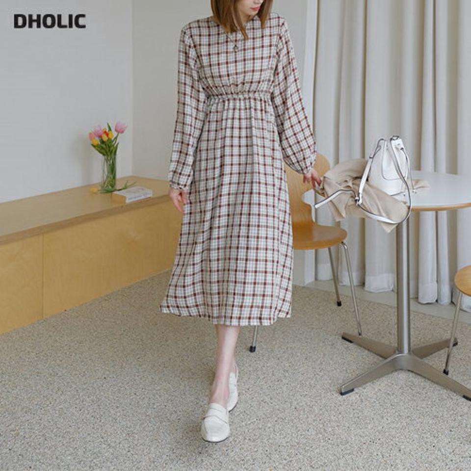 チェックウエストゴムワンピース・全3色・b61776 レディース 【ops】【韓国 ファッション ワンピース ロング ロングワンピス 長袖 チェック ウエストゴム ラウンドネック パールボタン フェミニン 細身 スリム カジュアル 体型カバー 秋 春】