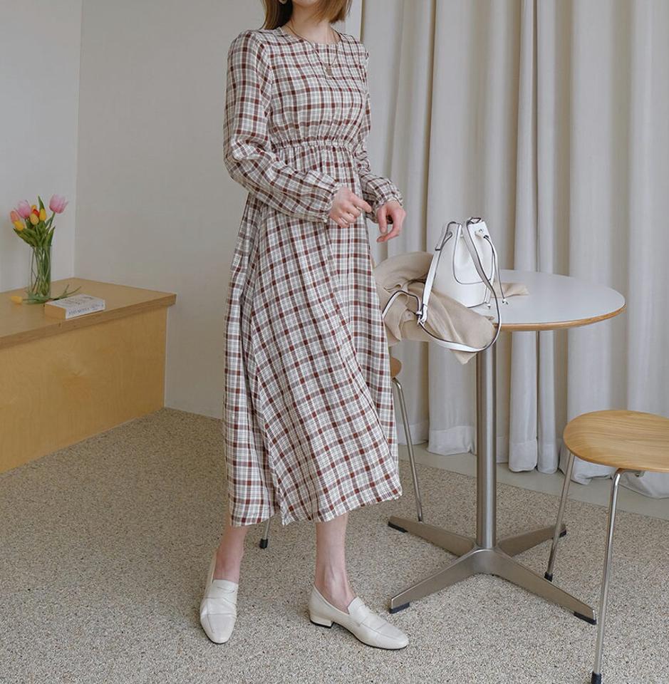 チェックウエストゴムワンピース・全3色・b61776 レディース 【ops】【韓国 ファッション ワンピース ロング ロングワンピス 長袖 チェック ウエストゴム ラウンドネック パールボタン フェミニン 細身 スリム カジュアル 体型カバー 秋 春】
