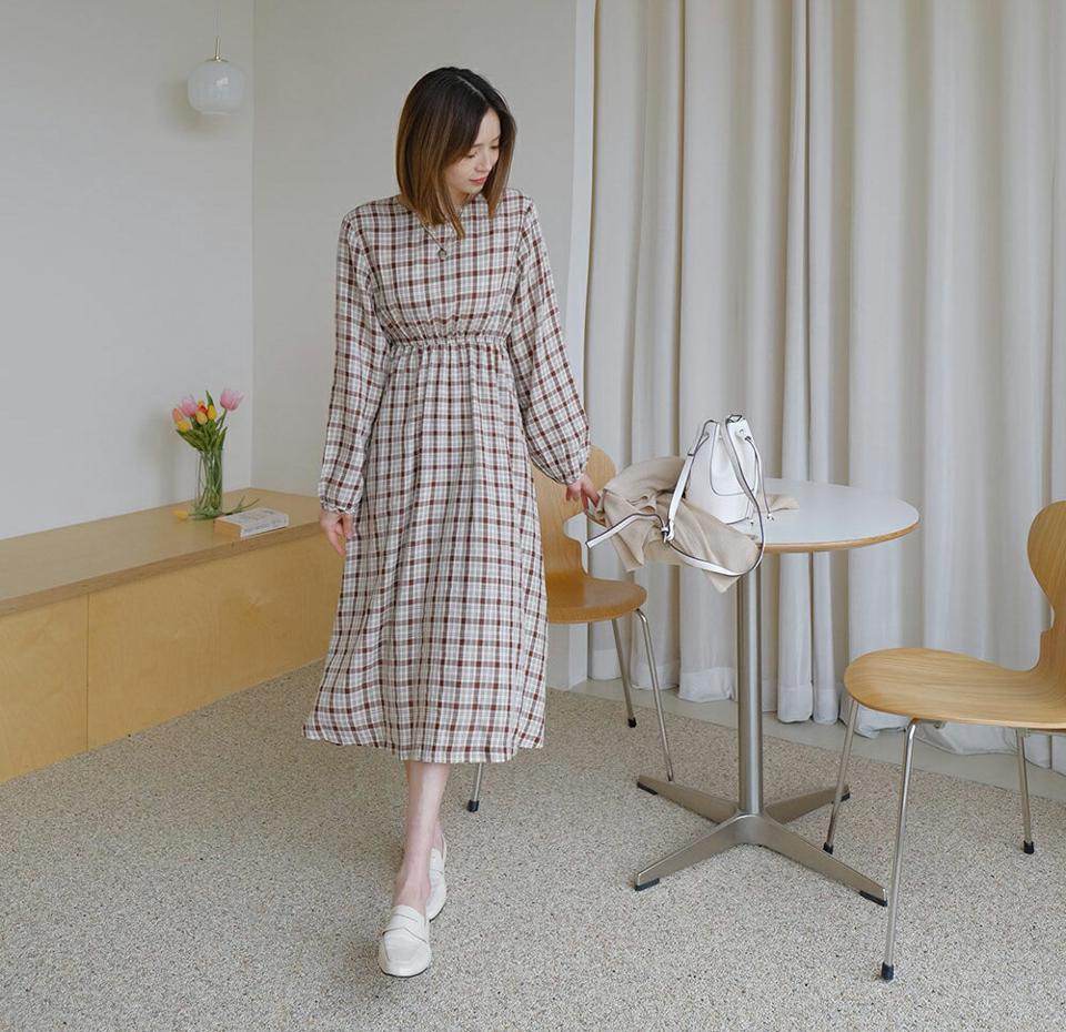 チェックウエストゴムワンピース・全3色・b61776 レディース 【ops】【韓国 ファッション ワンピース ロング ロングワンピス 長袖 チェック ウエストゴム ラウンドネック パールボタン フェミニン 細身 スリム カジュアル 体型カバー 秋 春】