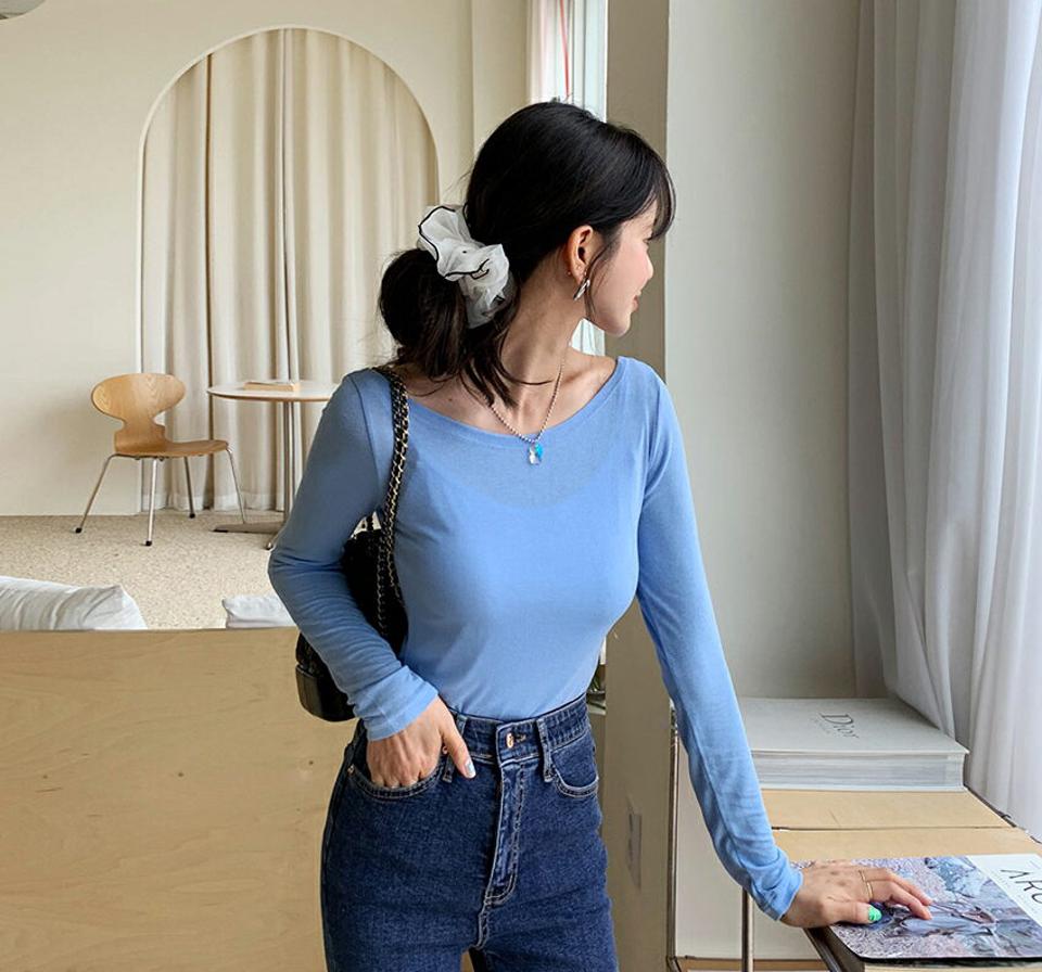 ボートネックTシャツ・全6色・t61765 レディース 【tops】【韓国 ファッション トップス Tシャツ 長袖 シンプル ボートネック デコルテ スリム フィット カジュアル ベーシック 体型カーバー デイリー 細身 秋 春】